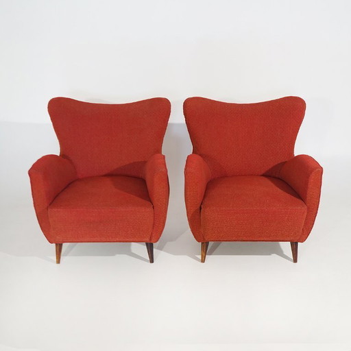 Coppia di poltrone rosse con piedini a cono, anni '50 – fauteuils, Textile, Wood (photo 2 of 14)