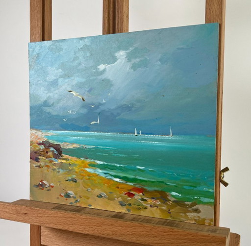 Pintura al óleo original: Paisaje costero marino con gaviotas sobre la costa.