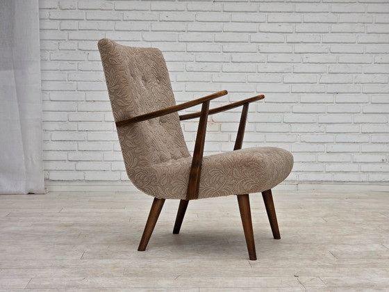 Image 1 of Deense fauteuil uit de jaren 60, bekleed met meubelwol en gemaakt van beukenhout.