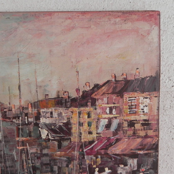 Image 1 of Peinture d'un paysage urbain avec un port, Harry Dedic, années 1960