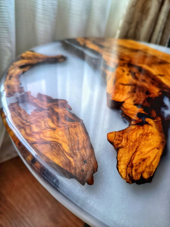 Image 1 of Handmade Olive Wood Epoxy Coffee Table with White Fog Resin