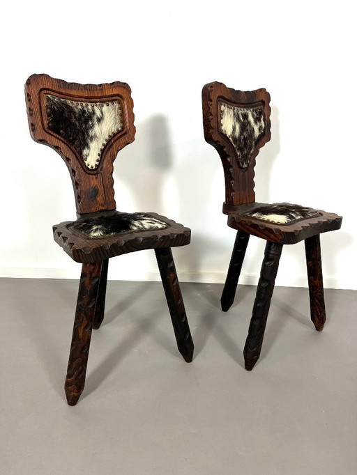 Brutalist Spanish tripod chairs with cowhide from the 1960s