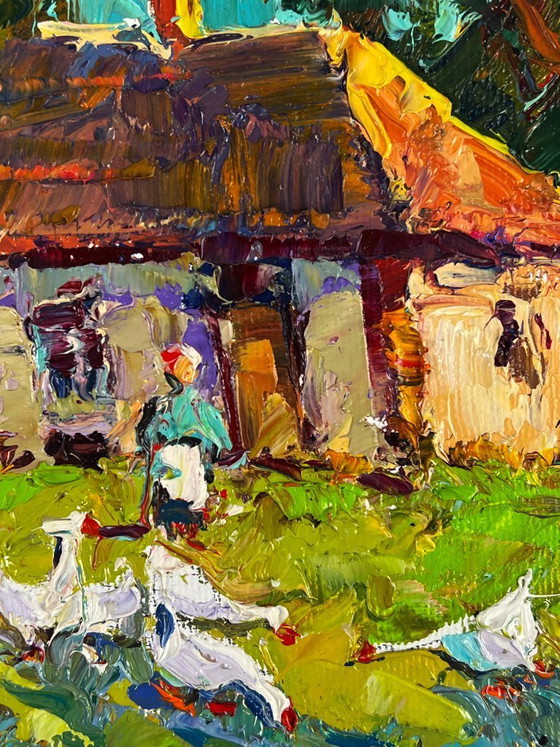 Image 1 of Original Oil Painting Rural Landscape Village Geese in the Yard