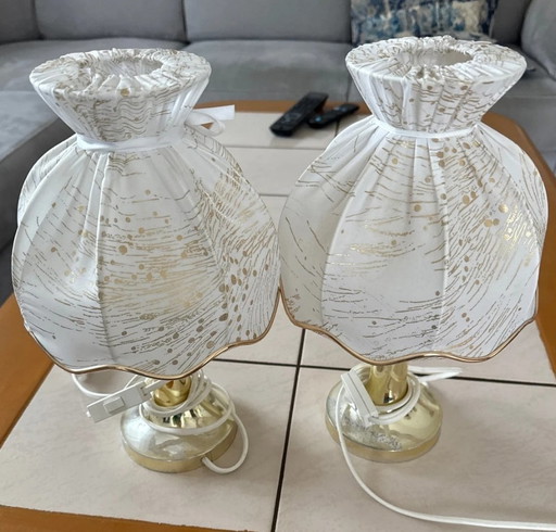 2 Retro Vintage Bedside Lamps, White, 70s/80s, Midcentury, Gold – tafellampen, Metal, Textile