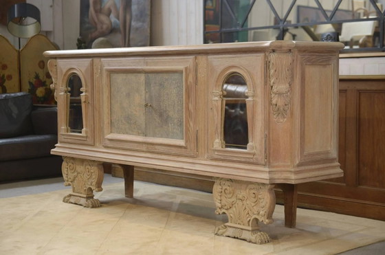 Large buffet with 4 doors in cerused oak, eglomisé mirror and 1950s leather. – Storage cabinet, Wood (photo 16 of 16)