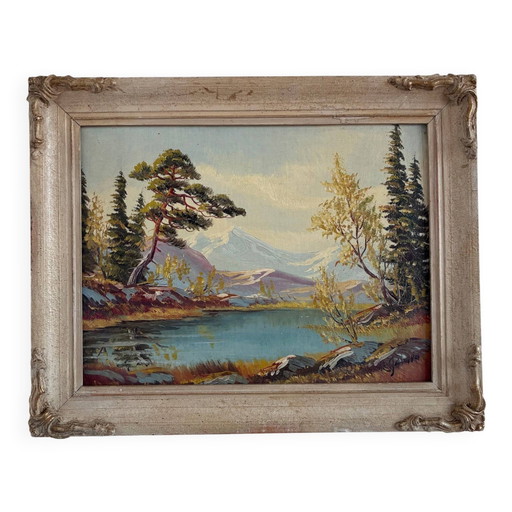 Peinture à l'huile originale vintage représentant un paysage de montagne et de rivière, encadrée