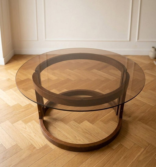 Table basse ronde vintage des années 1970 avec plateau en verre fumé