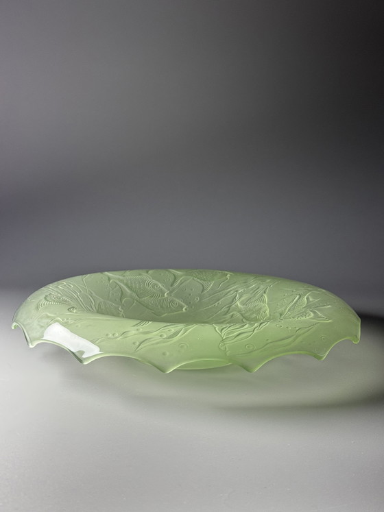 Image 1 of August Walther & Söhne “Arabella” Uranium Glass Centerpiece Bowl – Art Deco Fish Decor – 1930s Germany