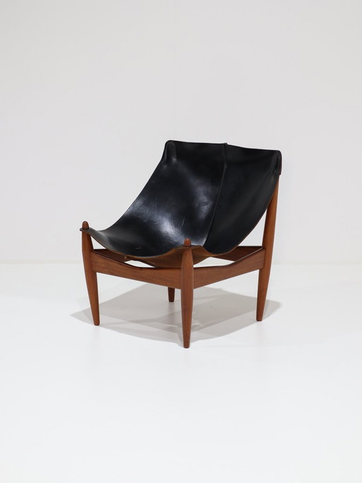 Illum Wikkelsø 272 Fauteuil Zwart Leer Teak Deens 1960s – Leather, Wood