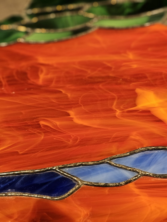 Image 1 of Art Deco lamp MCM 1960, probably bronze with Tiffany style glass shade.