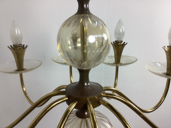 Image 1 of Grande lampadario vintage Chandolier degli anni Cinquanta in vetro e rame 