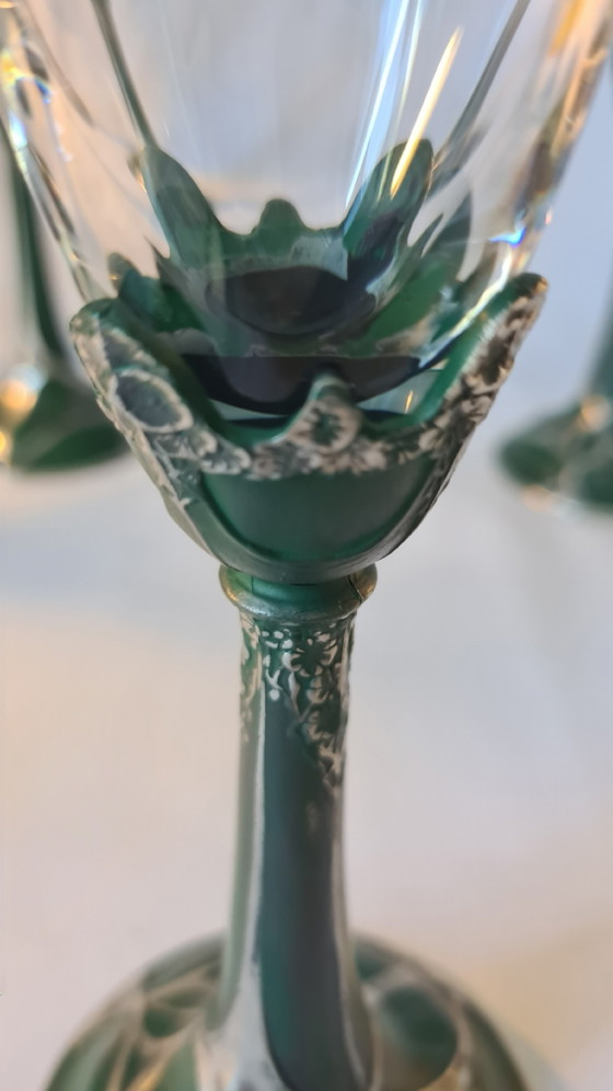 Art Nouveau 8 Glazen Set Kristal op Metalen Voet Groen Zilver 19e Eeuw Top – Glazen & Karaffen, Crystal (photo 5 of 14)
