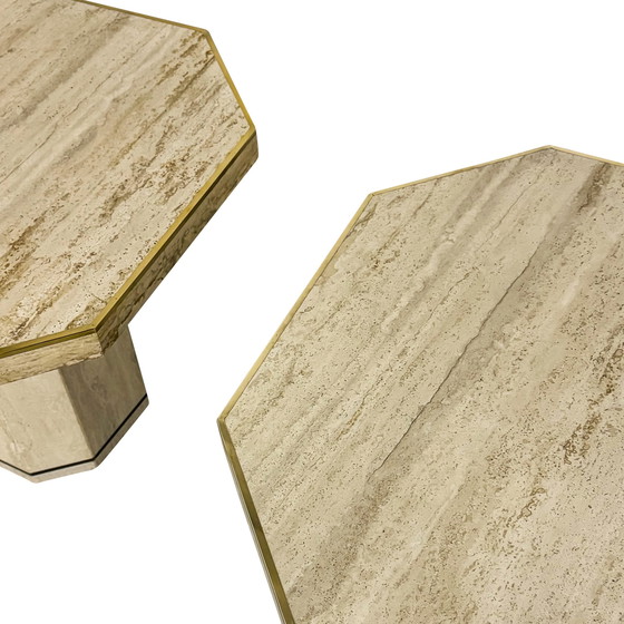 Image 1 of Pair of Willy Rizzo for Jean Charles Mid-Century Italian Modern Travertine Low Octagonal Tables