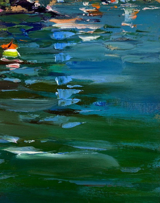 Image 1 of Original Oil Painting Coastal Waves Landscape City river in summer