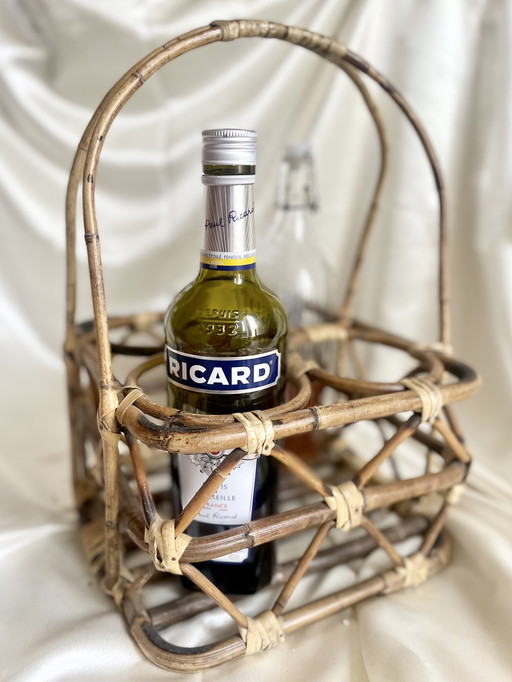 Vintage wicker wine rack with 4 compartments - 60s/70s natural rattan - bohemian country decor