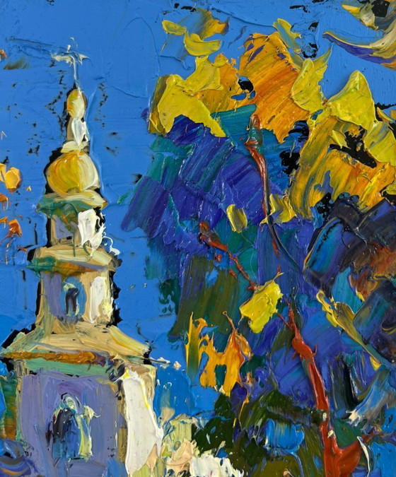 Image 1 of Original Oil Painting Summer Village Landscape Church in the embrace of nature