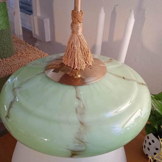 Image 1 of Duitsland 1930. Prachtige vintage Art Deco plafondlamp met groen opaalglas.