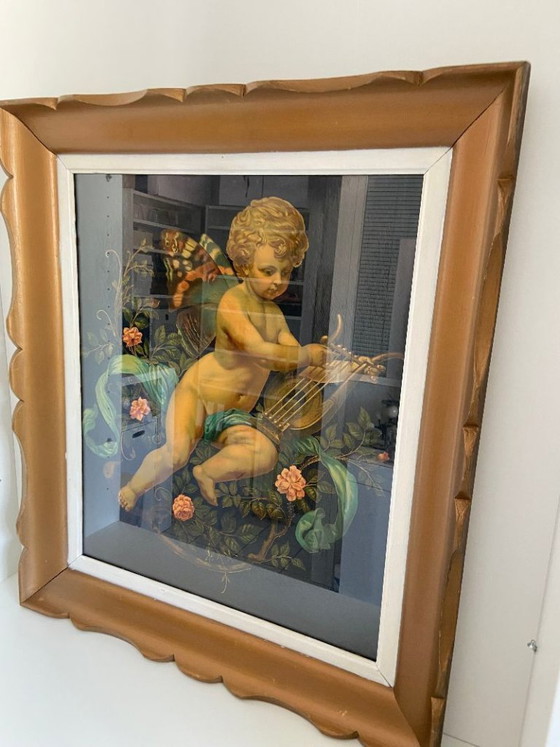 Image 1 of Estampe Lithographie Polychrome Avec Réhaut Doré Putto Chérubin Ange Papillon