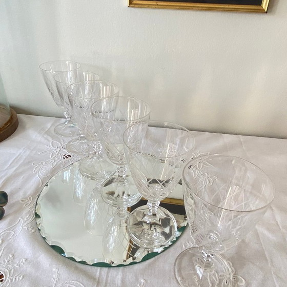 Image 1 of 6 Large Antique Engraved Glasses for Wine or Water