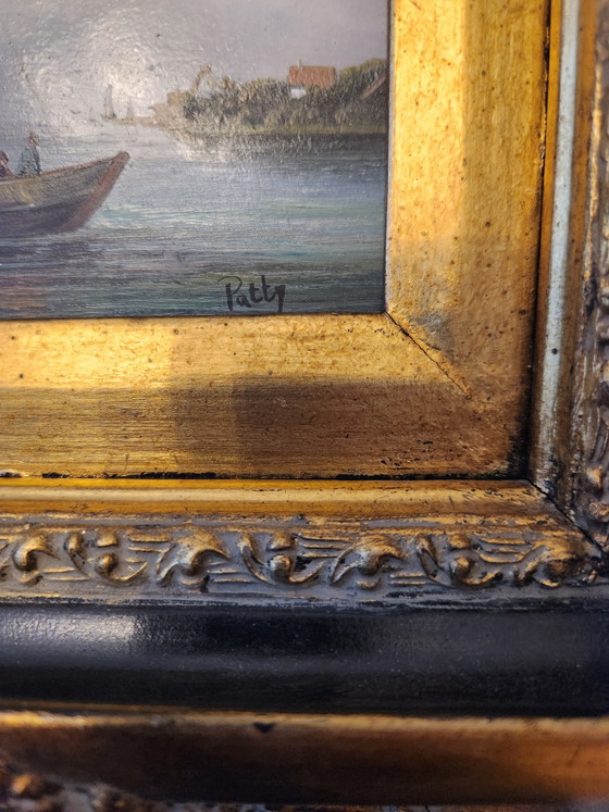 Image 1 of Atmospheric Antique River View with Sailing Ship – Signed "Patty" – In a Beautiful Baroque-Style Frame (London Origin)