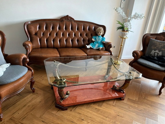 Glass and wood coffee table with golden accents, Metal, Transparent, Klassiek (photo 4 of 5)
