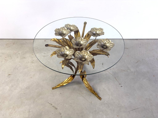 Table d'appoint fleur en métal doré vintage, années 1960