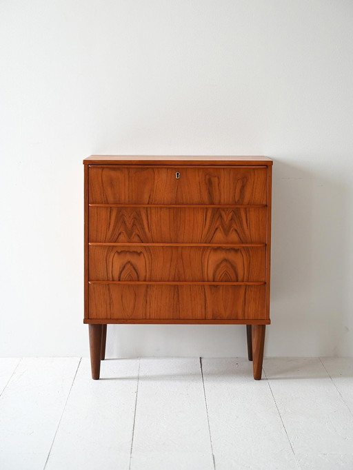 Vintage Scandinavische teakhouten ladekast, gevlamde nerf