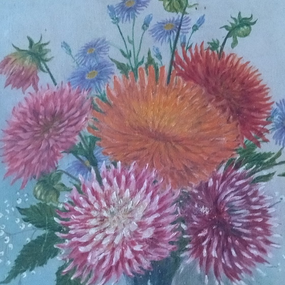 Image 1 of Dipinto antico di un gattino con un mazzo di fiori