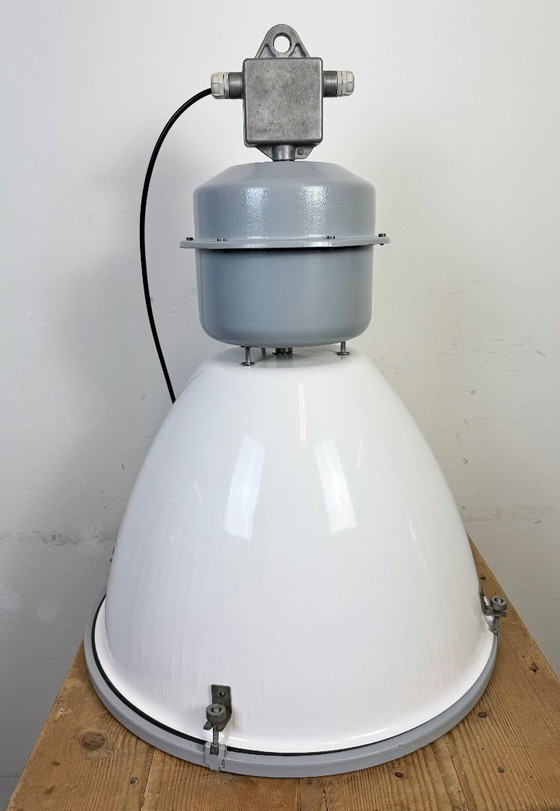 Image 1 of Große weiße Emaille-Industrielampe mit Klarglasabdeckung von Elektrosvit