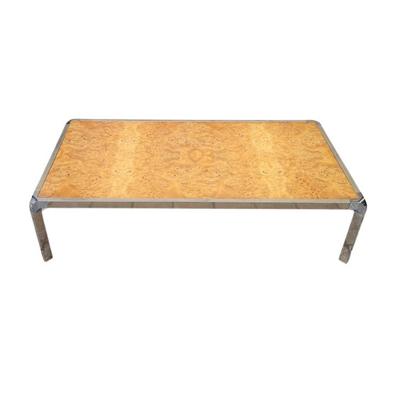 Image 1 of Table basse en bois de ronce et acier, style Guy Lefèvre, années 70 – France