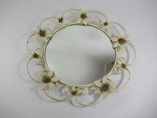 White metal framed floral design convex round wall mirror
