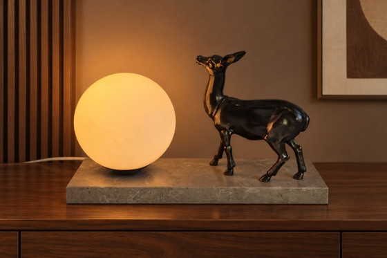 Art Deco style night light with deer decoration – Opaline globe and marble base – Table lamps, Metal (photo 2 of 12)