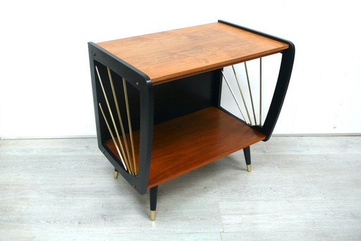 50s bijzettafel met plank walnoot + zwart, schuine poten, Rockabilly Mid Century