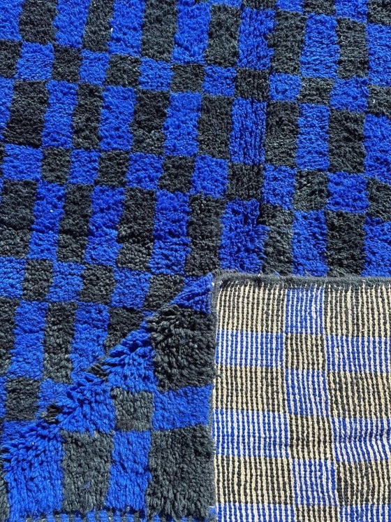 Image 1 of Handmade Moroccan Rug – Black & Blue Checkered Wool Carpet | Geometric Checkerboard Area Rug | Boho Vintage Style Home Decor