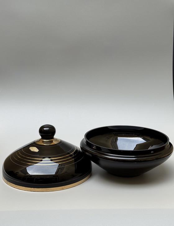 Image 1 of Grande bomboniera in vetro nero, serie "Mimosa" - Boom, Belgio Art Déco - Vetro ialitico -