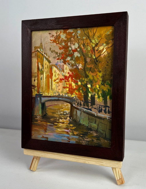 Original Oil Painting Evening River Landscape Autumn city park