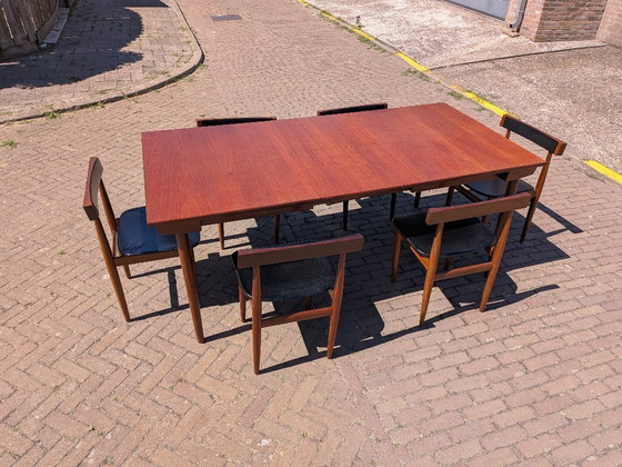 Image 1 of Zeldzame Deens Design 'Longette' Eetkamersuite van Hans Olsen voor Frem Røjle – 6 Nestbare Stoelen
