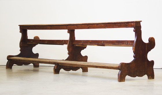 Image 1 of Antique Gothic Church Benches, Late 1800S - Set Of 4 Pine Wood Pew Benches