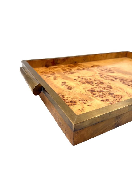 Image 1 of Hollywood regency brass & burl tray, Italy 1970s