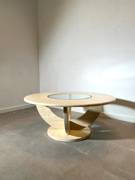 Vintage travertine coffee table with glass centre – salontafels (photo 2 of 6)