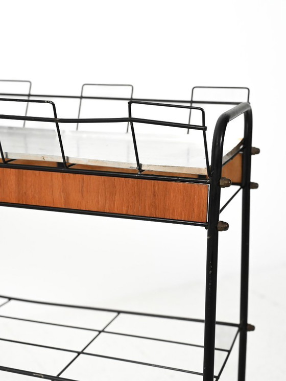 Image 1 of support à plantes scandinave en métal noir et teck