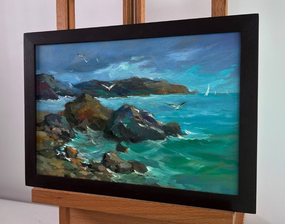 Image 1 of Original Oil Painting Coastal Rock Landscape A sea storm is approaching