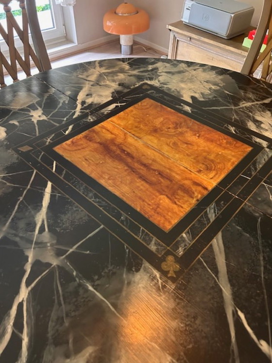 Image 1 of Unique round dining room table with marble-look top & 4 handcrafted chairs - artistically finished