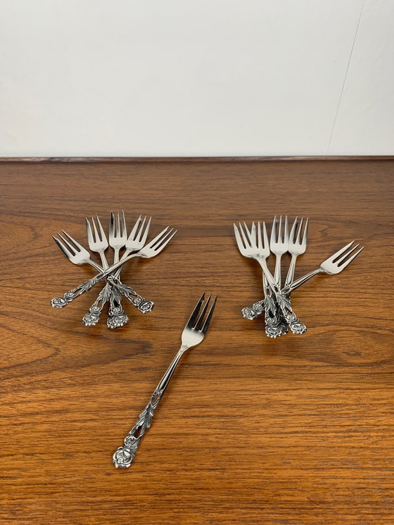 Image 1 of Set of 10+1 Japanese Stainless Steel Dessert Forks, Rose Pattern, 1970