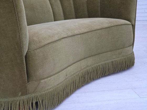 Image 1 of 1960s, Danish 2-seater "Banana" sofa, original green furniture velour.