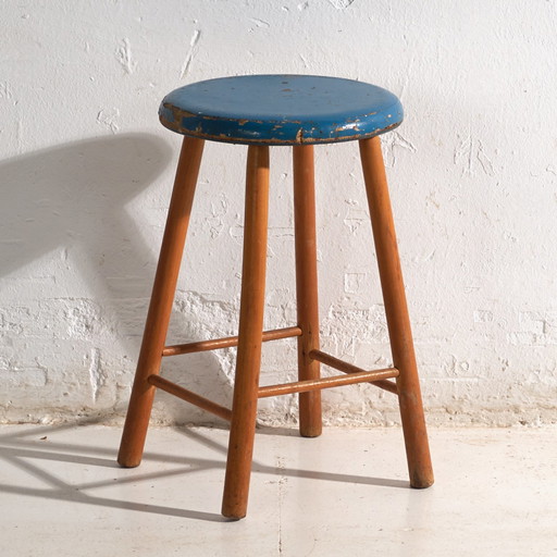 Antique wooden stool with round seat – Central Europe, circa 1950