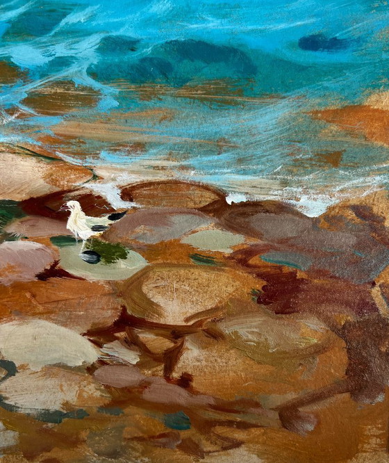 Image 1 of Pintura al óleo original Paisaje costero marino Sonidos de pájaros y olas del mar