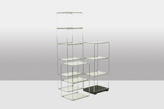 Image 1 of Set of 3 chrome-plated metal and glass shelves. 1970s