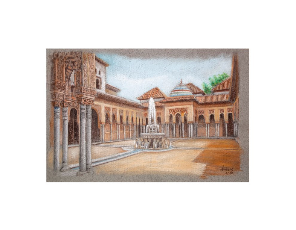 Disegno dell'Alhambra. Cortile dei Leoni. Dipinto dell'Alhambra. Dipinto del Cortile dei Leoni.