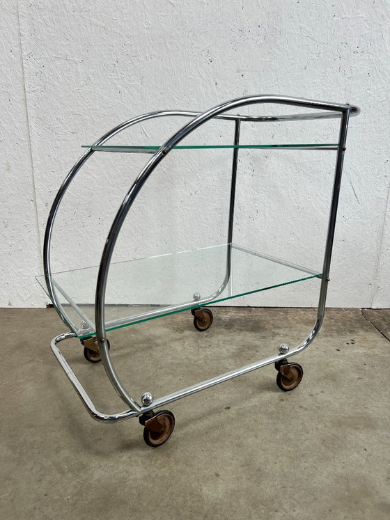 Image 1 of Vintage Chrome Art Deco Trolley with Glass Shelves, Netherlands 1930s